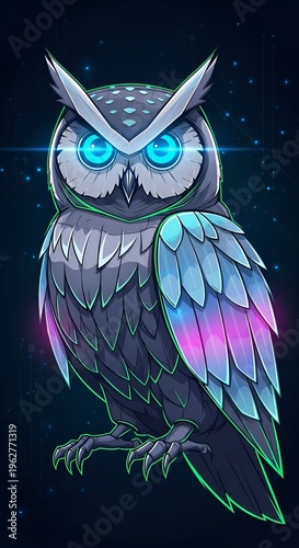 Glowing Owl with Blue Eyes Illustration.