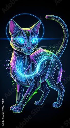Neon glowing cat with futuristic lines.