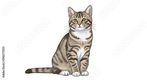 Brown Tabby Cat Sitting Isolated White.