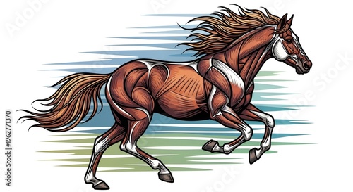 Brown horse running fast freely outdoors.