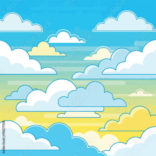 Colorful illustrated scene of cartoon clouds against a blue and yellow sky