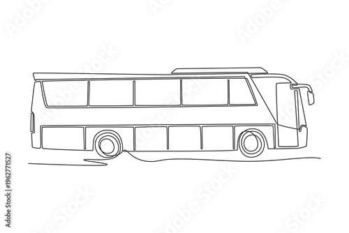 Continuous one line drawing side profile of commercial tour bus for group travel, public transit. Automotive mobility, road trips, urban transport. Single line draw design vector graphic illustration