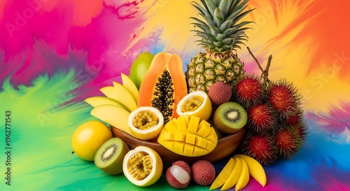 Vibrant Tropical Fruit Medley on a Colorful Background.