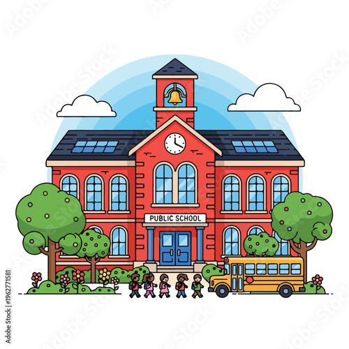 Colorful illustrated scene of a school building and bus