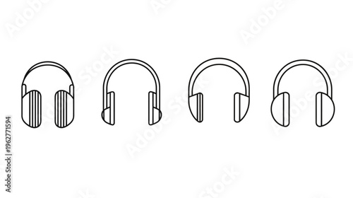 A white backdrop showcases a row of simplistic, outlined headphones in black, various designs
