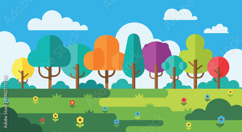 Colorful illustrated scene of trees, flowers, clouds, and vibrant green grass