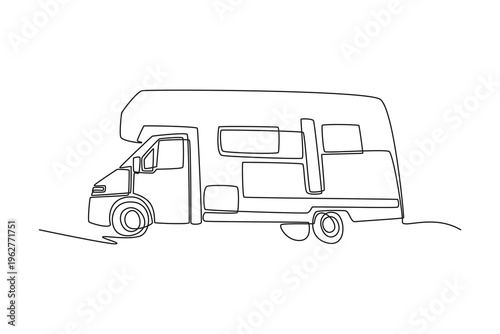 Continuous line drawing motorhome camper van for recreational road trips, representing nomadic lifestyle, outdoor family vacations, camping adventure. One line draw graphic design vector illustration