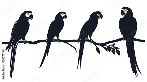 Silhouetted parrots perched on a branch, in a simple and illustrative, artistic style