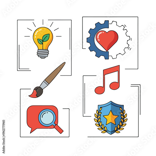 Colorful illustrated set of creative and concept icons on a white background