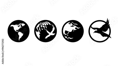 Four black circular icons with white and black designs maps, a bird, and abstract shapes