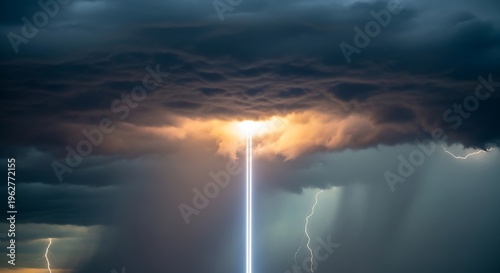 Dramatic Lightning Strike Illuminates Stormy Sky with Intense Light.