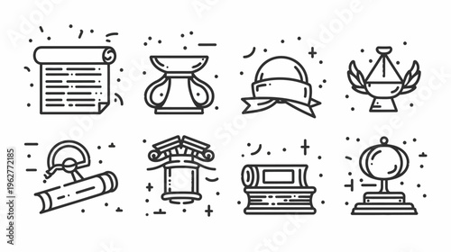 Collection of eight icons, line art style, symbols of knowledge and achievement