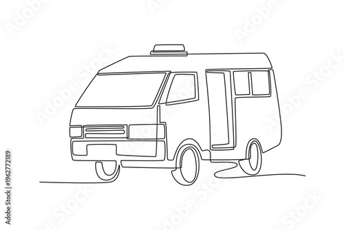 Single continuous line drawing commercial passenger minibus for transit or public city commuting service. Automotive mobility, urban travel, transport. One line draw graphic design vector illustration