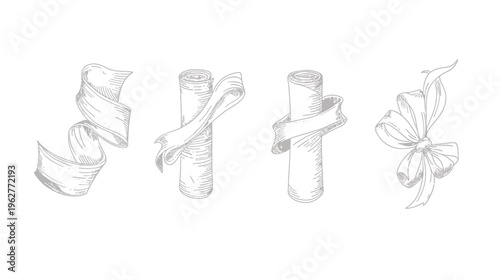 Four vintage-style scroll and ribbon illustrations on a white background