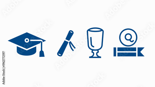 Icons of graduation, diploma, award cup, and symbol on ribbon in blue on white