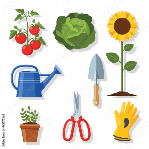 Colorful illustrated set of gardening tools and plants on a white background