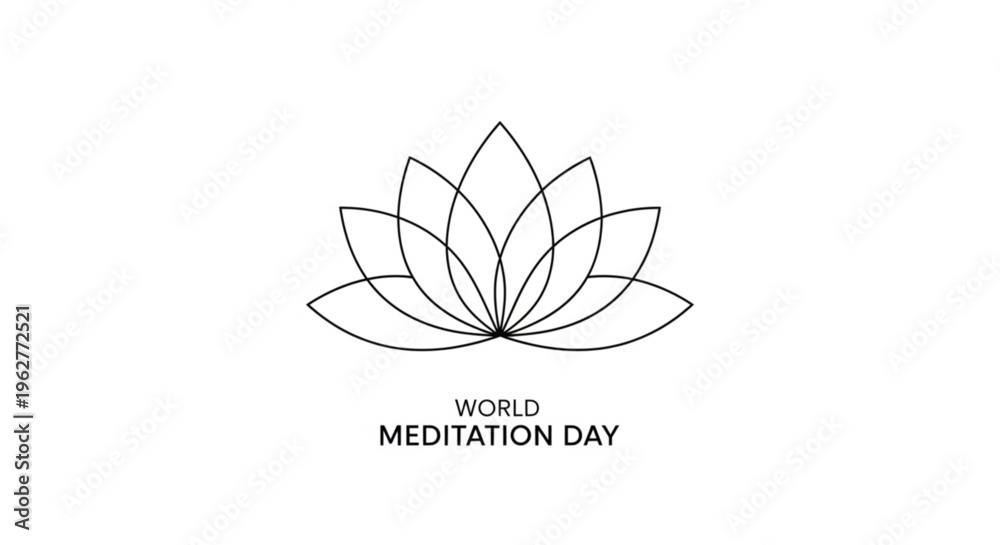 Fototapeta premium World meditation day logo with lotus flower outline on white background for mindfulness and relaxation