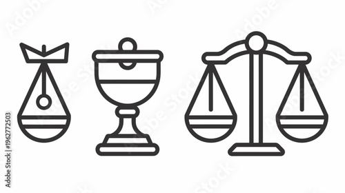 Line art illustration of a plumb bob, chalice, and a scales of justice
