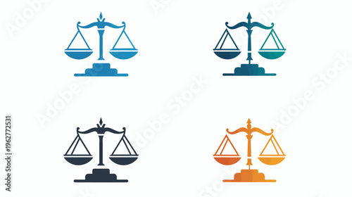 Four scales of justice in different hues on white. Minimalistic and symbolic