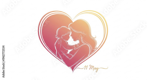 Mother and child embracing in heart symbol love and care concept warm pink orange gradient background