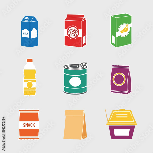 Colorful illustrated set of nine food items on a neutral background