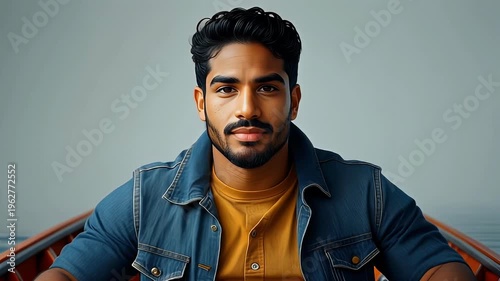 A close-up portrait of a confident young man with dark hair and beard.