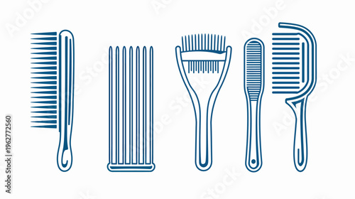 Five illustrated combs of varying styles with teal line art on a white background