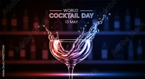 Cocktail glass with splashing drink on world cocktail day may 13 in a dark bar with bottles