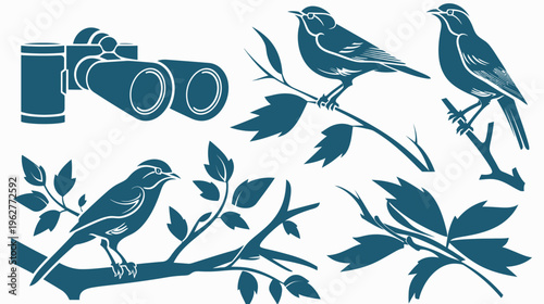 Teal birds and binoculars in a nature scene silhouetted against a white background