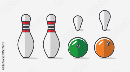 Simple illustration of bowling pins and balls on a white background, modern cartoon style