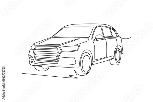 Single continuous line drawing modern luxury SUV from a front perspective. Automotive engineering, family road trips, and upscale urban transportation. One line draw graphic design vector illustration