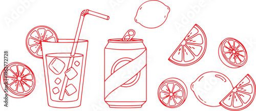 Red outline vector illustration of soda can with drink and citrus slices on grey background.