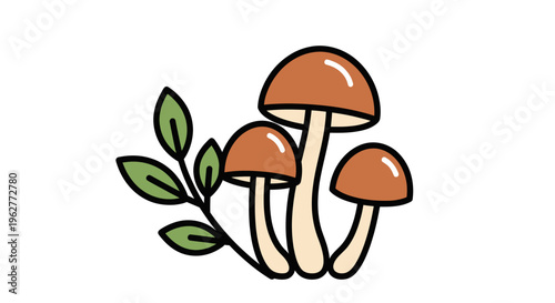 Three Brown Mushrooms with Green Leaves.