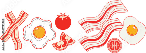 Vector illustration of fried eggs, bacon, and tomatoes on transparent background.