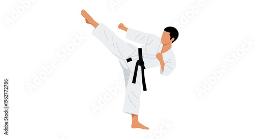 Young man in karate uniform kicking.