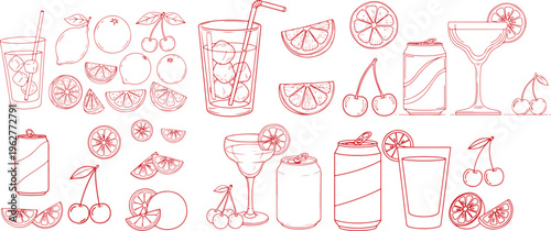 Red outline vector illustration of drinks, cans, cherries and citrus on grey background.