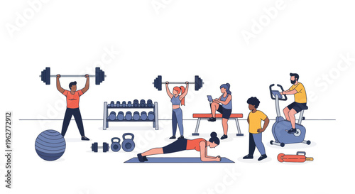 People doing various gym exercises together.
