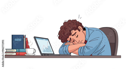 Man sleeping at desk with laptop.