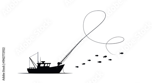 Fishing Boat Catching Fish Underwater.