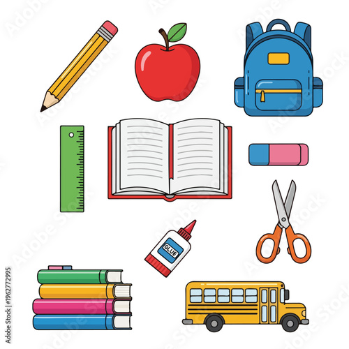 Colorful illustrated set of school supplies, including books, bus, apple