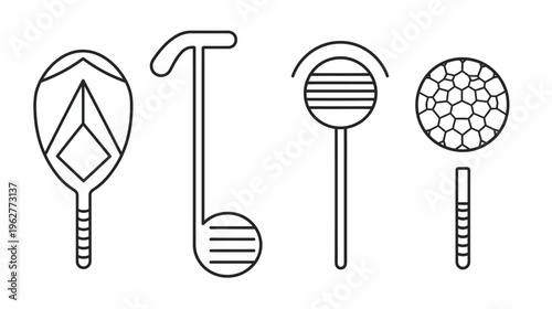 Four stylized drawing implements, with geometric shapes, black outlines on white ground