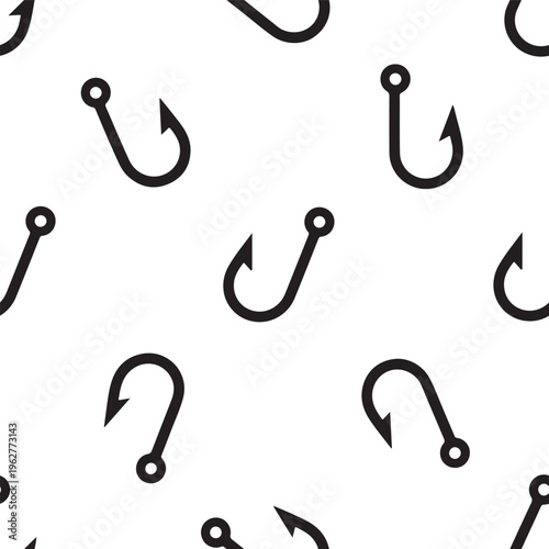 Seamless pattern with black and white hearts and feathers featuring isolated sharp metal fishing hooks and steel tackle bait lure icons