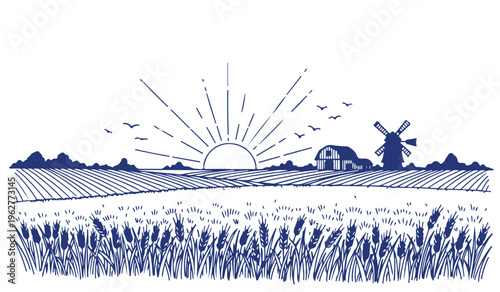 Rural farm landscape with rising sun over wheat fields and windmill illustration vector art.