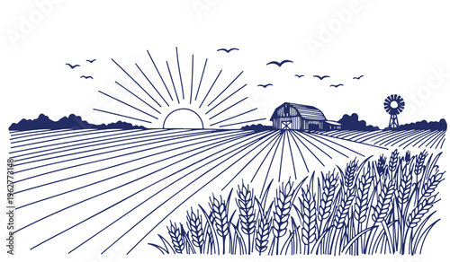 Engraved agricultural field landscape with sunrise over barn and grain illustration vector.
