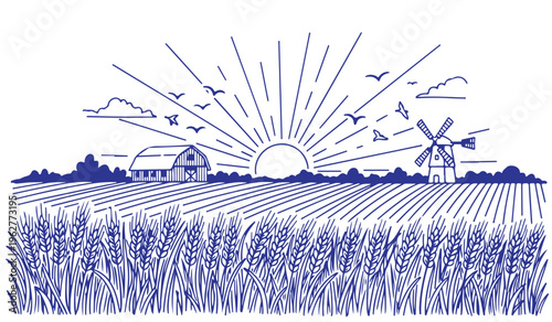 Vintage farm scenery with windmill barn and golden wheat field sunrise illustration vector.