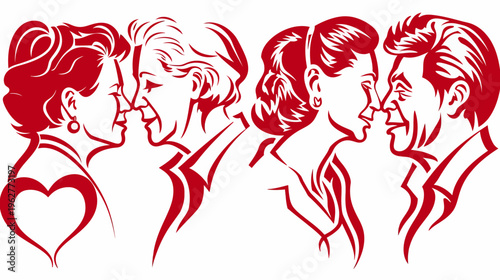 Silhouette of two sets of couples appearing to touch noses, in red against white