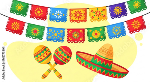 Vibrant mexican fiesta decorations with sombrero and maracas on yellow background