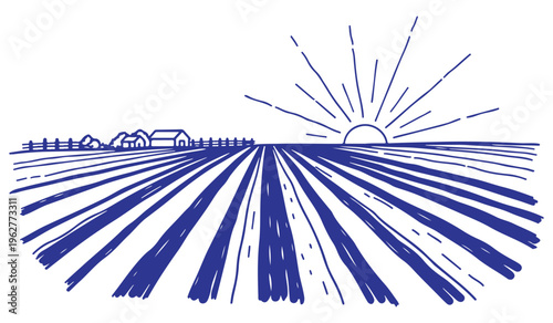 Rustic farm field landscape with buildings and sunrise on horizon vector hand drawn illustration.