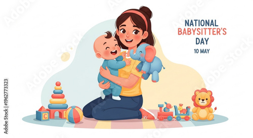 Woman holding baby and teddy bear on national babysitter's day with toys