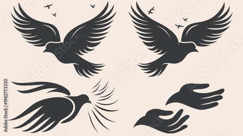 Graphic of flying birds and cupped hands on a soft cream colored backdrop